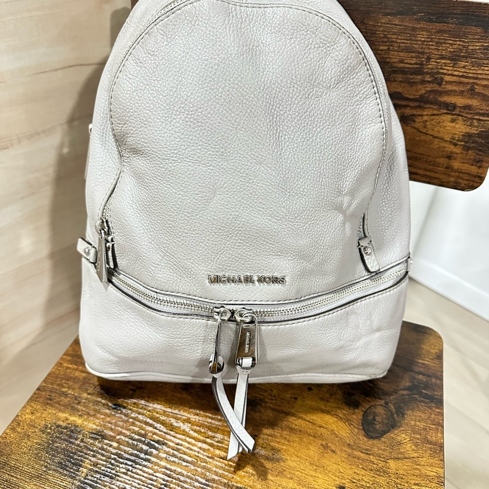 Michael Kors Light Gray Pebbled Leather Backpack - Picture 2 of 10
